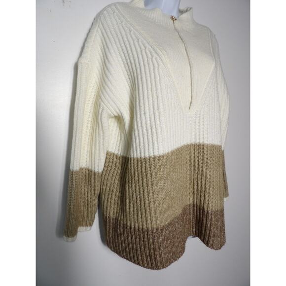 Talbots 1XP Petite Sweater Wool Blend Cable Knit Colorblock Cream Brown 1/4 Zip - Picture 3 of 11
